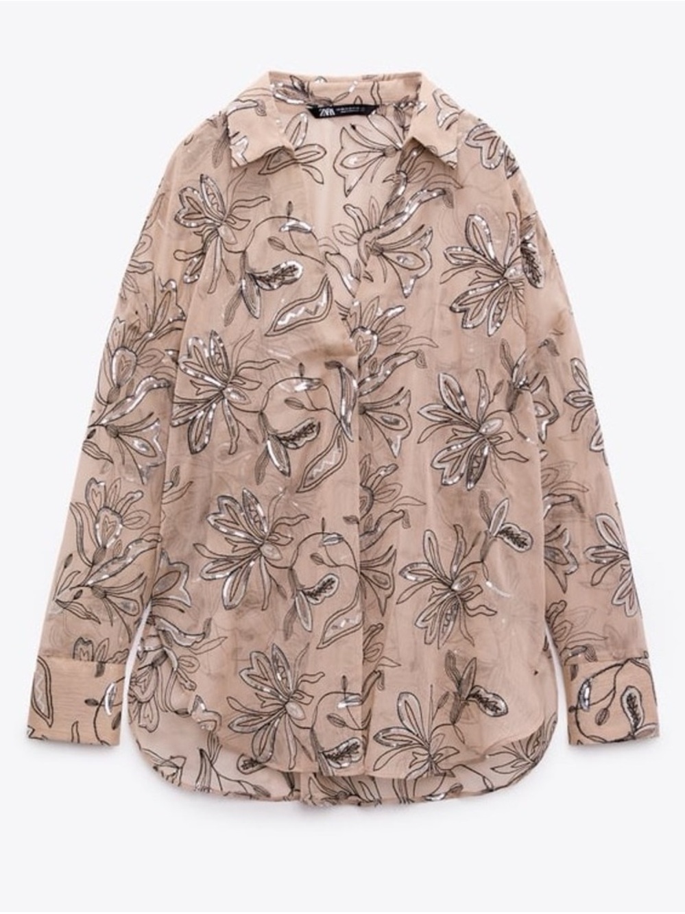 Zara Sheer Sequin Floral Oversized Blouse XS Taupe Mauve Boho Top
